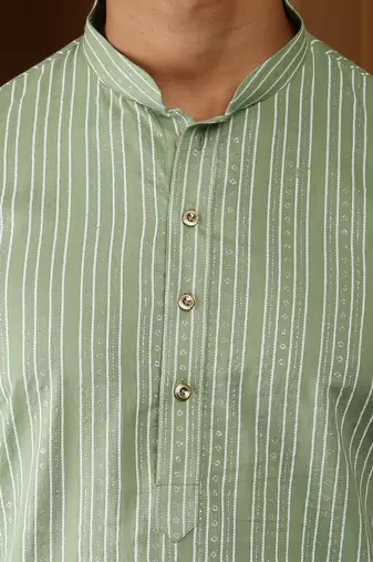 Men's green ikat printed cotton kurta with white pajama - festive ethnic wear set
