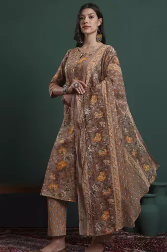brown cotton floral print kantha work a-line kurta pants dupatta set
