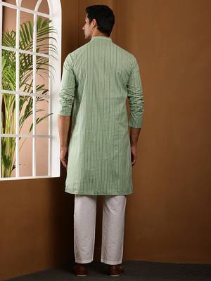 Men's green ikat printed cotton kurta with white pajama - festive ethnic wear set 5