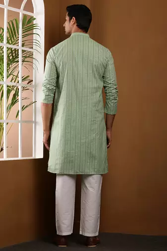 Men's green ikat printed cotton kurta with white pajama - festive ethnic wear set