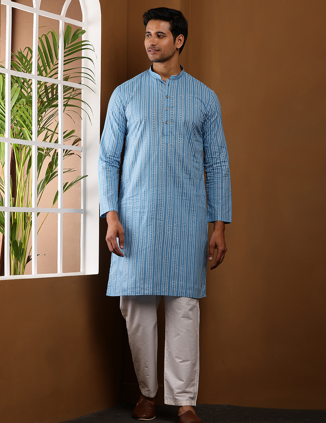 Blue Printed Long Kurta For Men With White Pajama