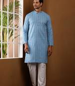 Blue printed long kurta for men with white pyjama     cotton traditional wear