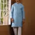 Blue printed long kurta for men with white pyjama     cotton traditional wear