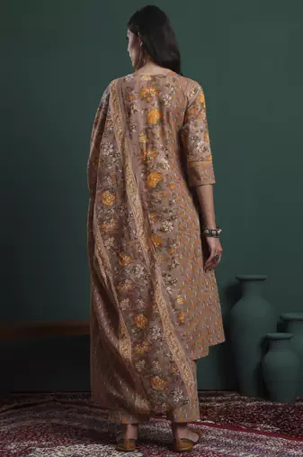 brown cotton floral print kantha work a-line kurta pants dupatta set