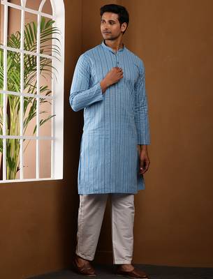Blue printed long kurta for men with white pyjama     cotton traditional wear 2