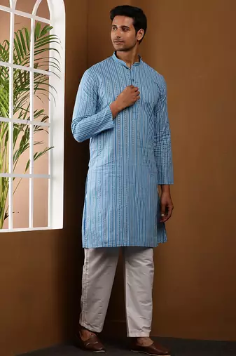 Blue printed long kurta for men with white pyjama     cotton traditional wear