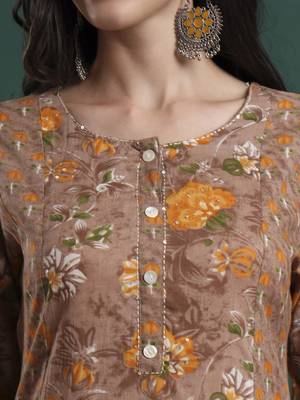 brown cotton floral print kantha work a-line kurta pants dupatta set 4