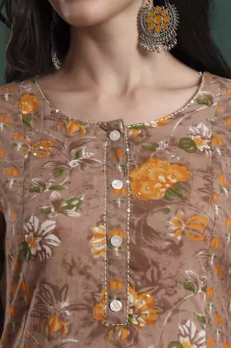 brown cotton floral print kantha work a-line kurta pants dupatta set