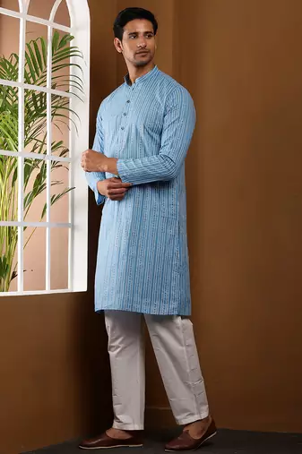 Blue printed long kurta for men with white pyjama     cotton traditional wear