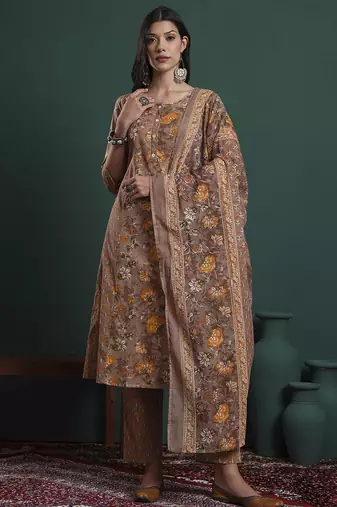 brown cotton floral print kantha work a-line kurta pants dupatta set