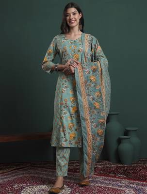 green cotton floral print kantha work a-line kurta pants dupatta set 1