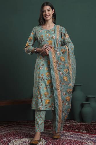 green cotton floral print kantha work a-line kurta pants dupatta set
