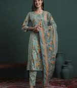 green cotton floral print kantha work a-line kurta pants dupatta set