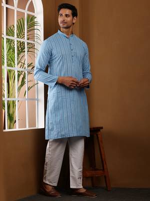 Blue printed long kurta for men with white pyjama     cotton traditional wear 4