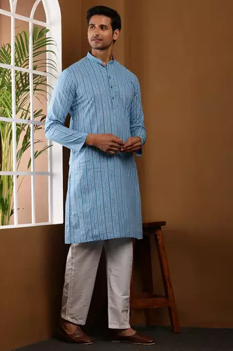 Blue printed long kurta for men with white pyjama     cotton traditional wear