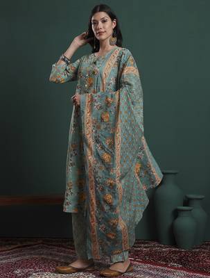 green cotton floral print kantha work a-line kurta pants dupatta set 2