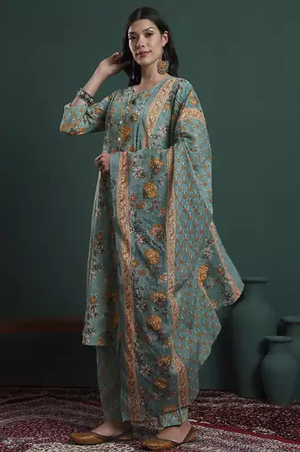 green cotton floral print kantha work a-line kurta pants dupatta set