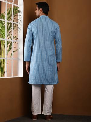 Blue printed long kurta for men with white pyjama     cotton traditional wear 5
