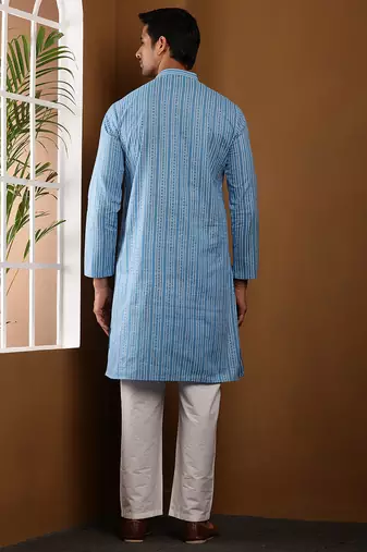 Blue printed long kurta for men with white pyjama     cotton traditional wear