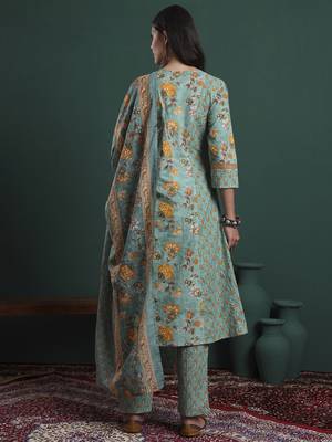 green cotton floral print kantha work a-line kurta pants dupatta set 3