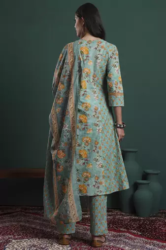 green cotton floral print kantha work a-line kurta pants dupatta set