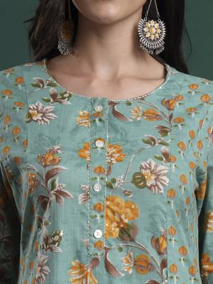 green cotton floral print kantha work a-line kurta pants dupatta set 4