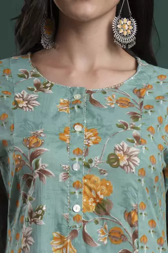 green cotton floral print kantha work a-line kurta pants dupatta set