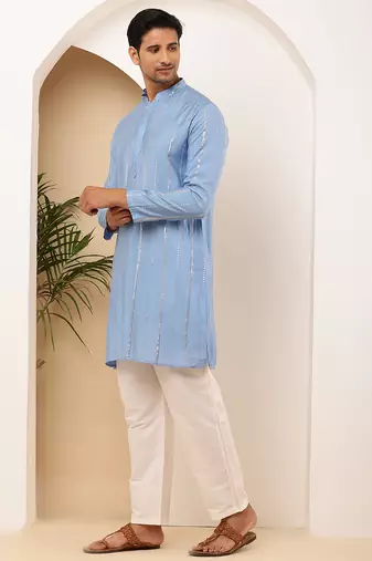 Light blue shiny kurta for men with white pyjama     party & festive wear set
