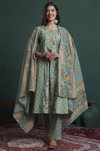 green cotton floral print kantha work a-line kurta pants dupatta set