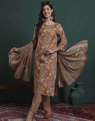 brown cotton floral print piping kurta pants dupatta set 1