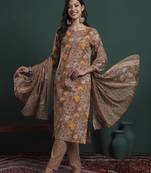brown cotton floral print piping kurta pants dupatta set