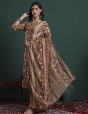 brown cotton floral print piping kurta pants dupatta set 2