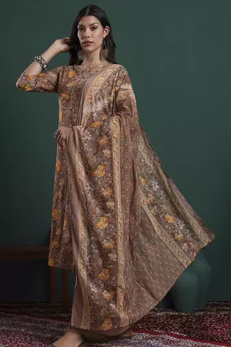 brown cotton floral print piping kurta pants dupatta set