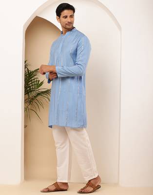 Light blue shiny kurta for men with white pyjama     party & festive wear set 5