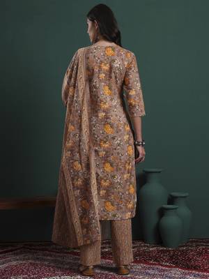 brown cotton floral print piping kurta pants dupatta set 3