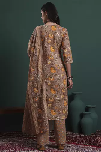 brown cotton floral print piping kurta pants dupatta set