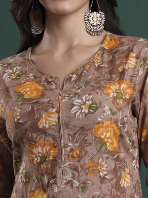 brown cotton floral print piping kurta pants dupatta set 4