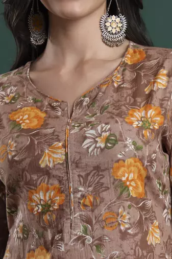 brown cotton floral print piping kurta pants dupatta set