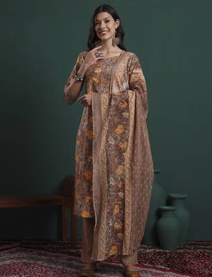 brown cotton floral print piping kurta pants dupatta set 5