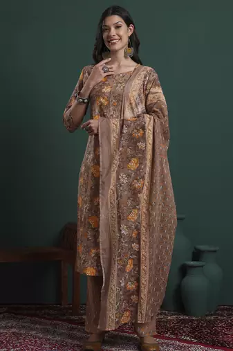 brown cotton floral print piping kurta pants dupatta set