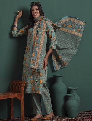 green cotton floral print piping kurta pants dupatta set 1