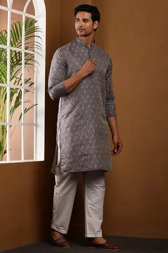 Grey floral printed long kurta with white pyjama     men's traditional wear