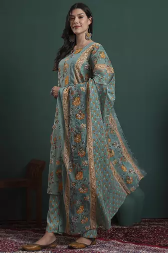green cotton floral print piping kurta pants dupatta set