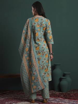 green cotton floral print piping kurta pants dupatta set 3
