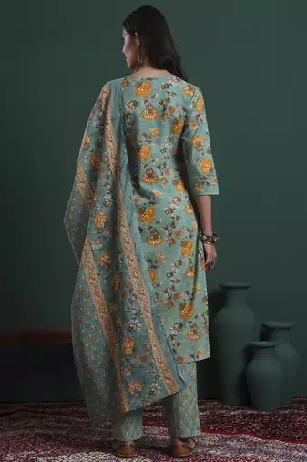 green cotton floral print piping kurta pants dupatta set