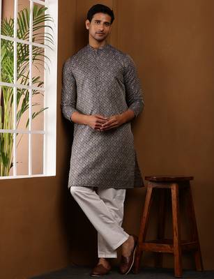 Grey floral printed long kurta with white pyjama     men's traditional wear 4