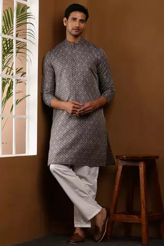 Grey floral printed long kurta with white pyjama     men's traditional wear