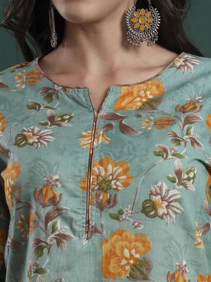 green cotton floral print piping kurta pants dupatta set 4