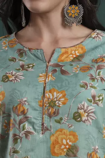 green cotton floral print piping kurta pants dupatta set