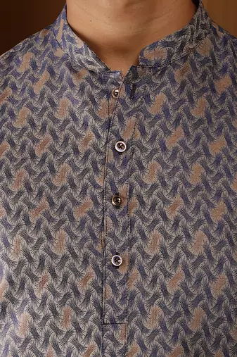 Grey floral printed long kurta with white pyjama     men's traditional wear